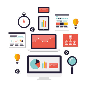 Colorful flat design illustration of various digital marketing and analytics elements including computers, tablets, phones, charts, graphs, and ideas.