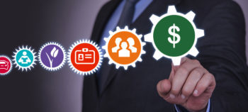 Businessman interacting with cogwheel icons representing various business processes, including finance (dollar sign), HR, and logistics.
