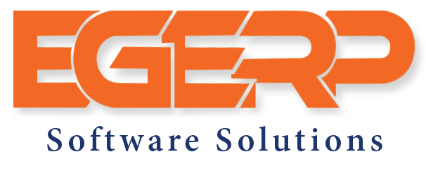 Orange EGERP logo with a light blue outline, above the light blue text Software Solutions on a gray background, representing a software company.