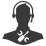 Simple black silhouette of a person wearing a headset, with a wrench and screwdriver crossed on their chest, representing technical support.