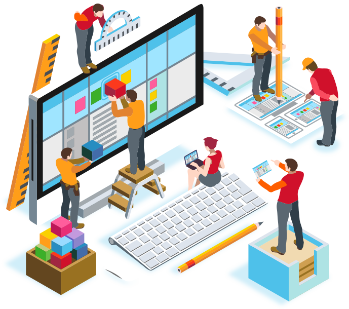Creative team designing a webpage layout with drag-and-drop blocks, measurements, and design mockups in an isometric view.