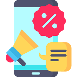 Colorful icon of a smartphone displaying a percentage sign, with a megaphone and chat bubble, representing digital marketing or promotions.