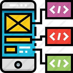 Colorful icon depicting a smartphone displaying a webpage layout connected to code snippets (</>) in pink, red, and green boxes, representing mobile app development.