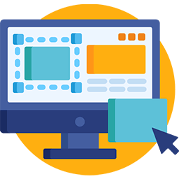 Colorful icon of a computer monitor displaying a website layout with draggable elements and a cursor, representing web design or UI/UX development.