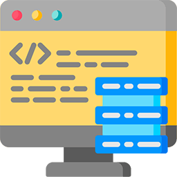 Colorful icon of a computer monitor displaying code with HTML-like tags and data blocks, representing software development or programming.